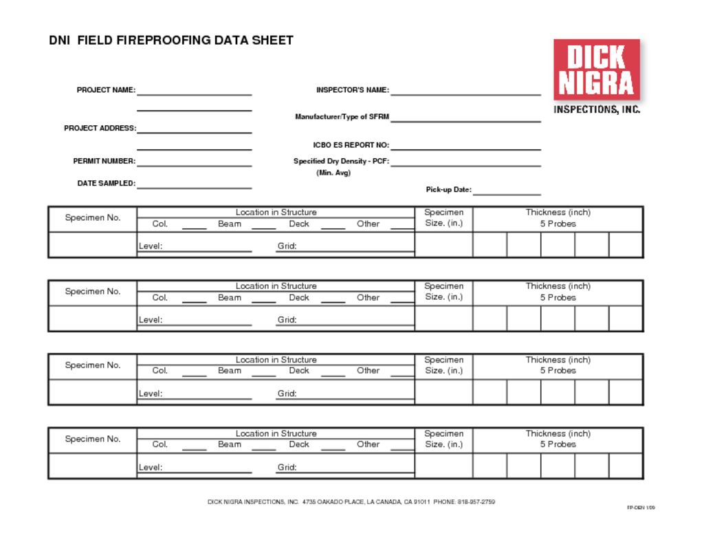 thumbnail of Dick Nigra Inspections Fireproofing Field Data Sheet